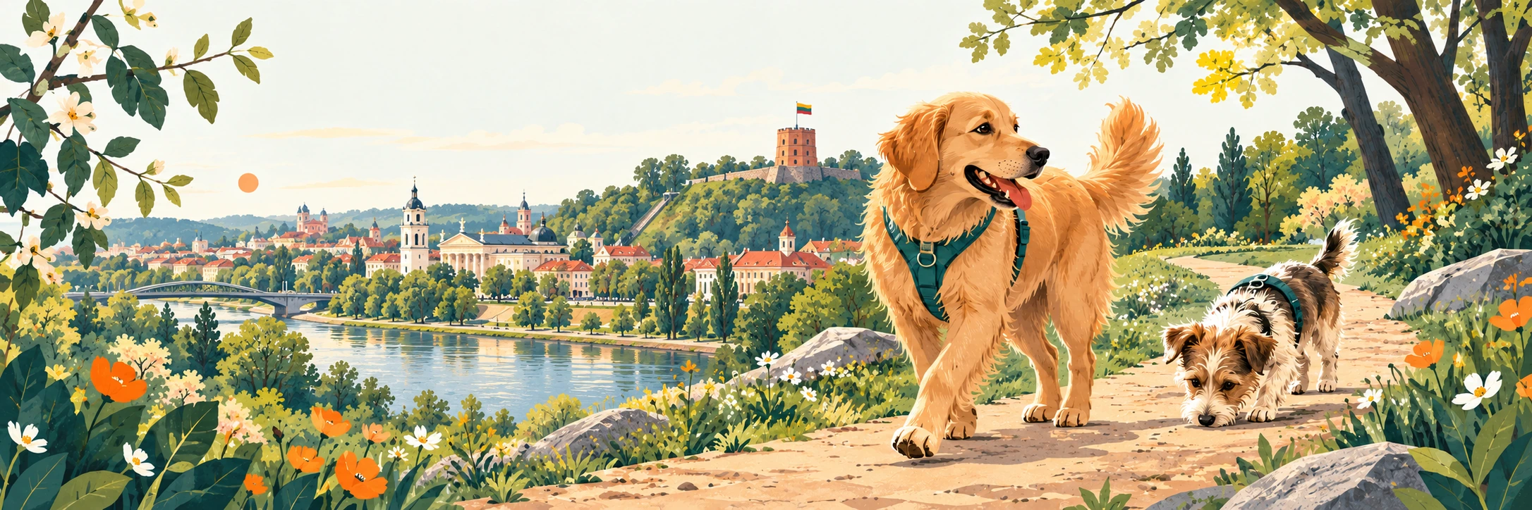 SNIFLO's illustrated dogs exploring a green Vilnius riverside park